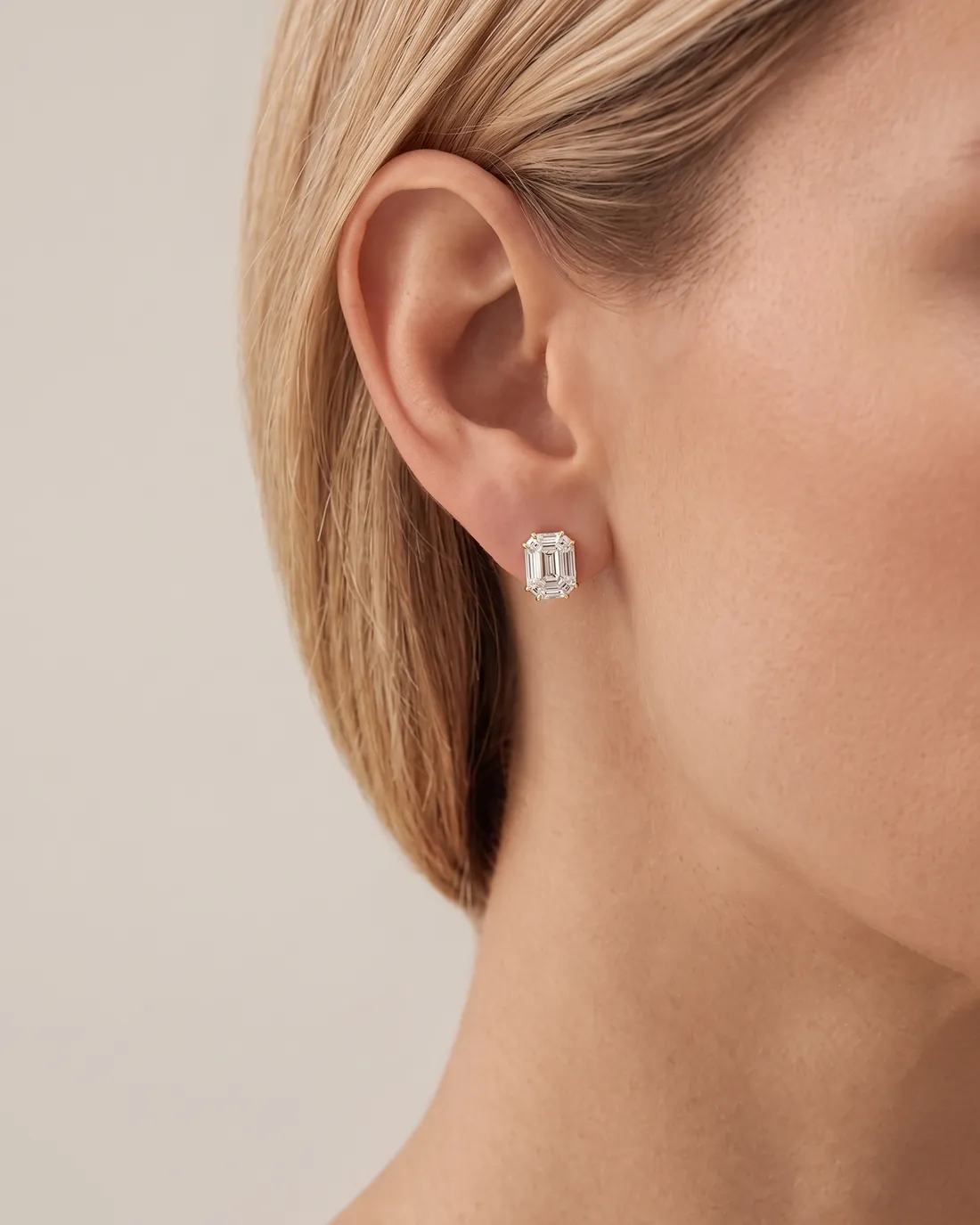 ORTIGAS Baguette Deco Studs earrings, worn on the ear