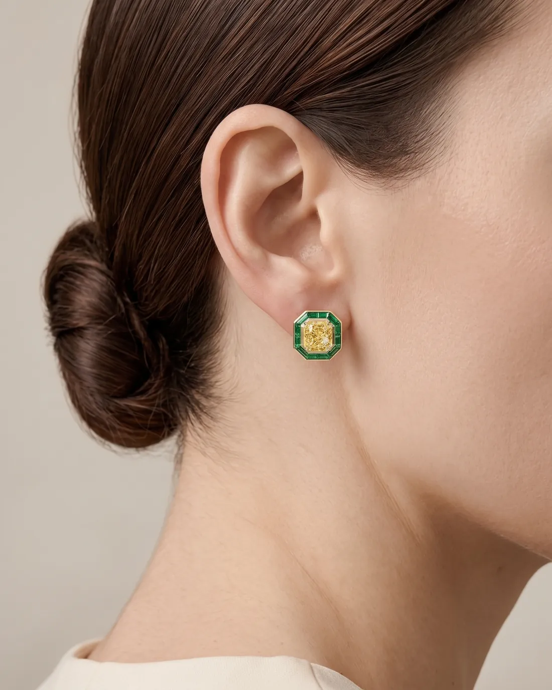 ORTIGAS Emerald Frame Studs earrings, worn on the ear