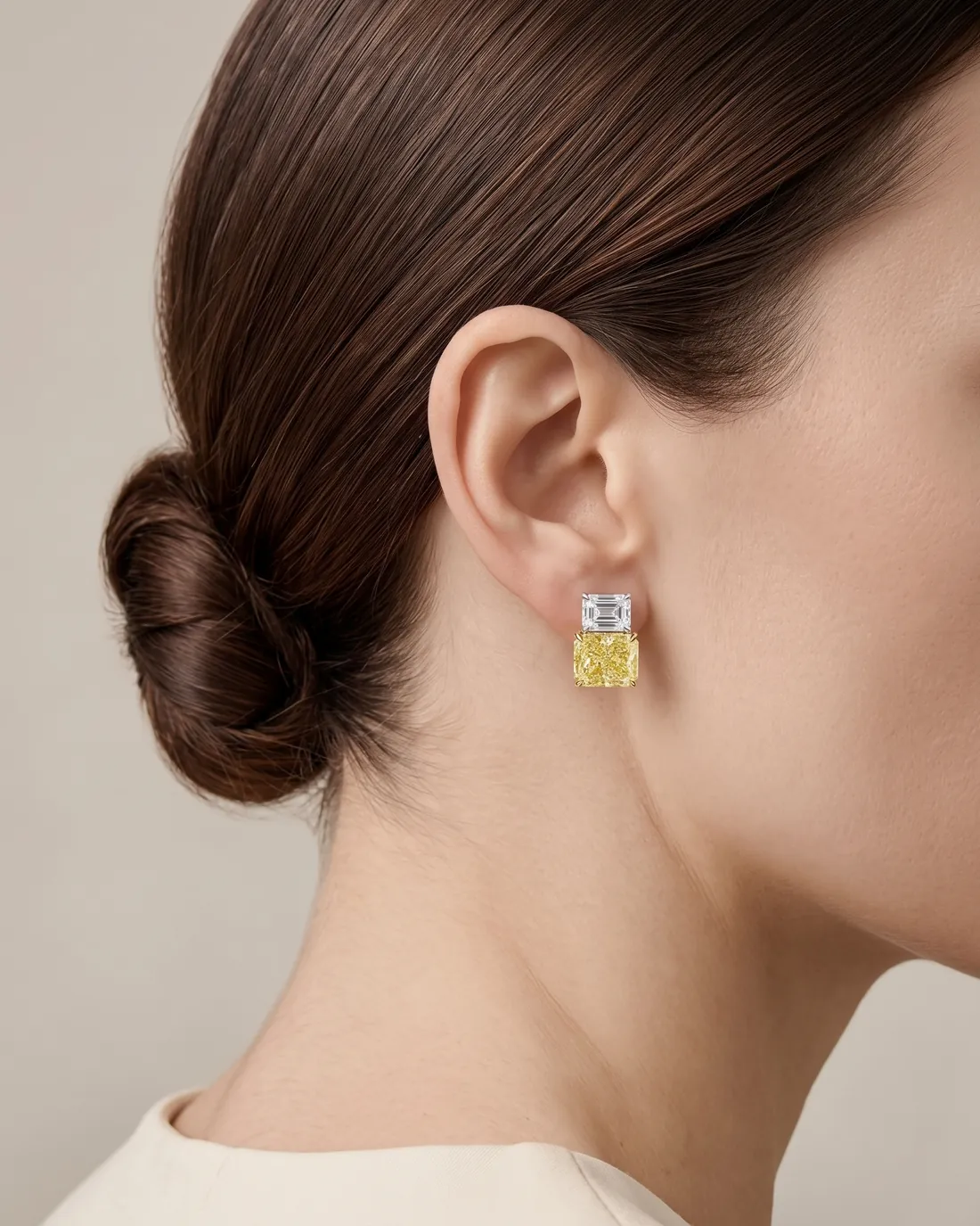 ORTIGAS Yellow Radiant Duo earrings, worn on the ear
