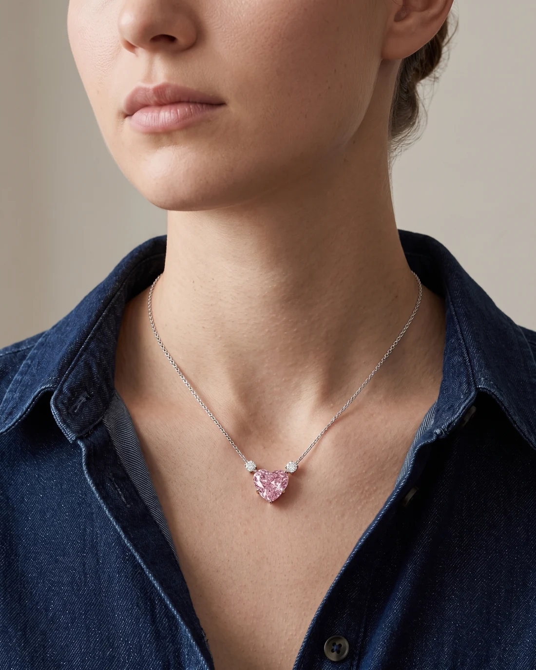 ORTIGAS Pink Heart Trio necklace, worn on the neck