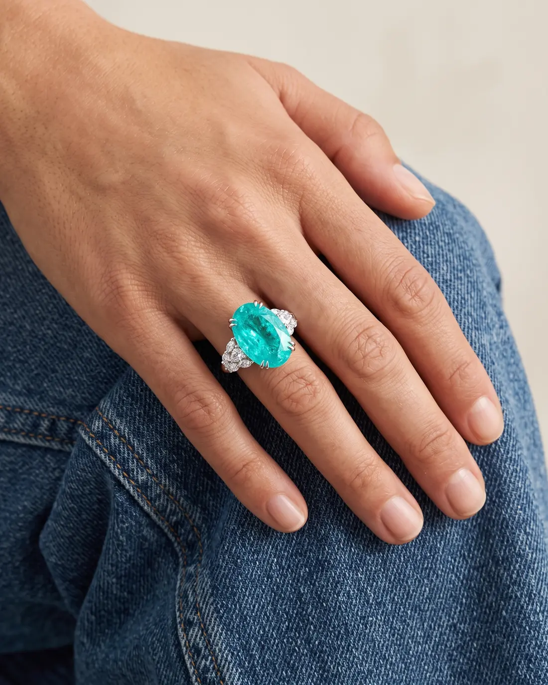 ORTIGAS Paraiba Oval ring, worn on the hand
